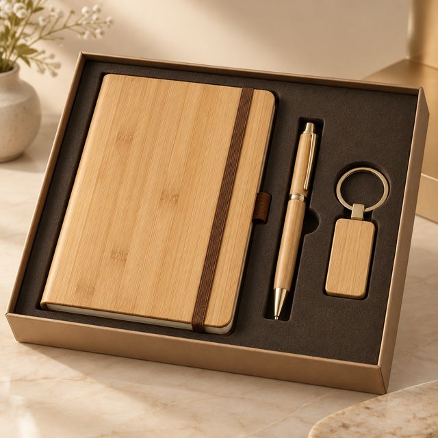 3-in-1 Bamboo Diary, Pen and Keychain Set