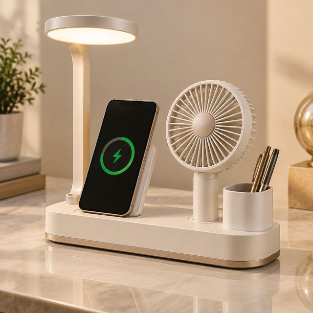 6-in-1 Desk Hub with Fan, Light and Wireless Charger