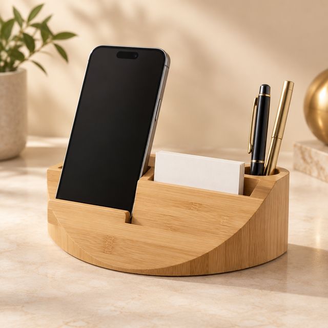 Bamboo Half-moon Phone Stand with Pen and Card Holder