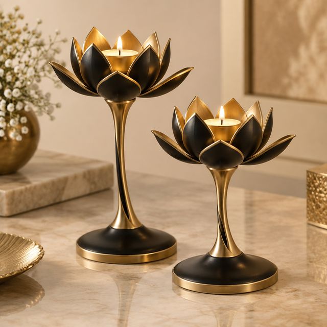 Black and Gold Lotus Candle Stands
