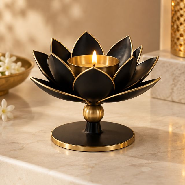 Black and Gold Lotus Diya Stand