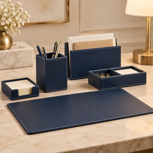 Blue Leatherette Desk Accessories Set