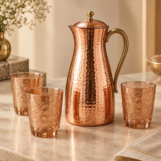 Copper Carafe with Four Embossed Glasses