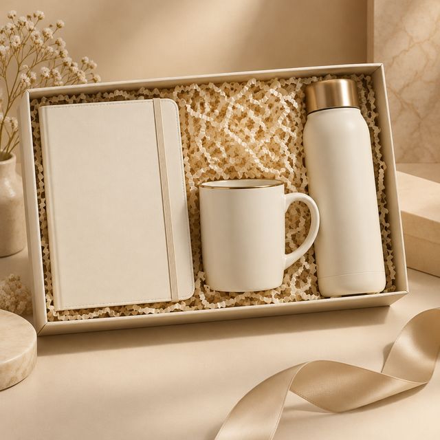 Cream Notebook, Mug and Bottle Kit