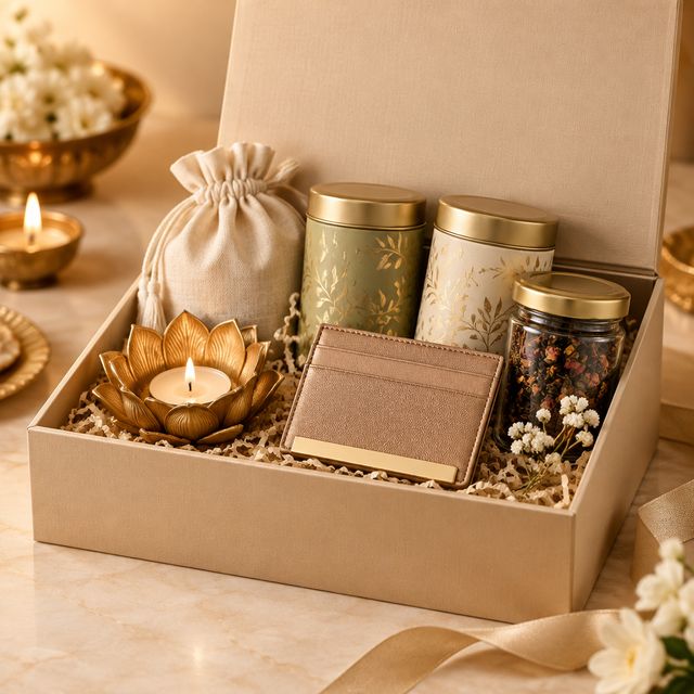 Diwali Hamper with Diya, Card Holder and Tea