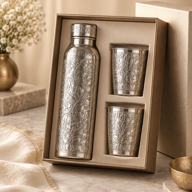 Embossed Silver-finish Copper Bottle Set
