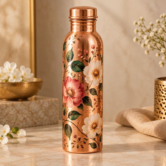 Floral Painted Copper Bottle