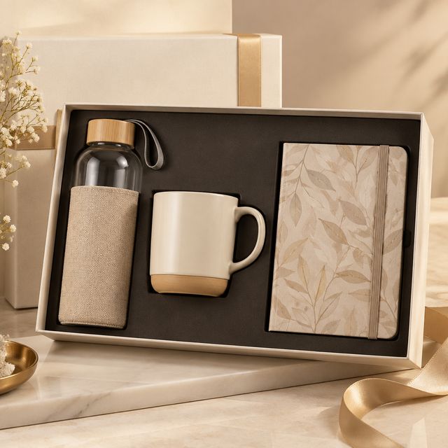 Glass Bottle, Mug and Patterned Notebook Kit