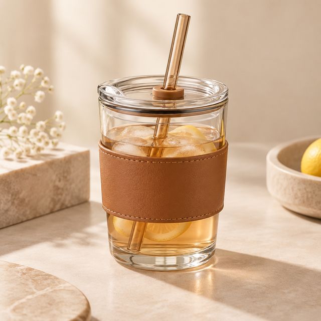 Glass Sipper Cup with Leather Grip and Straw