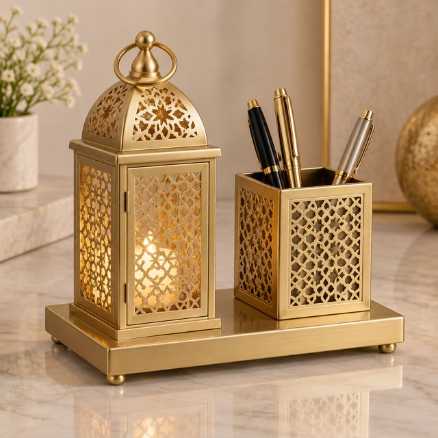 Gold Lantern and Pen Stand Set