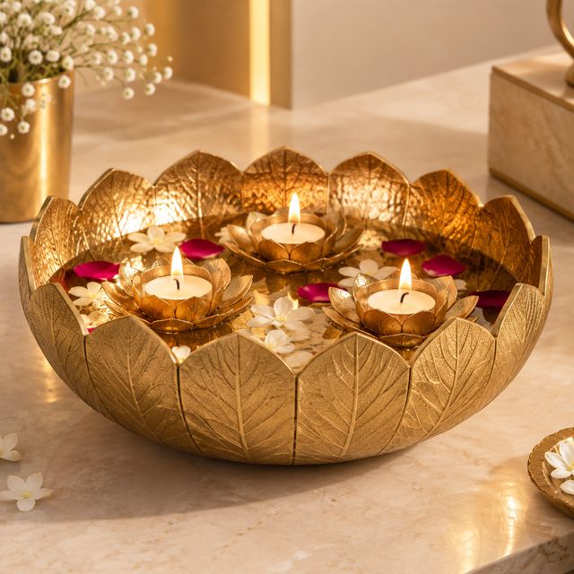 Gold Leaf Urli with Lotus Holders
