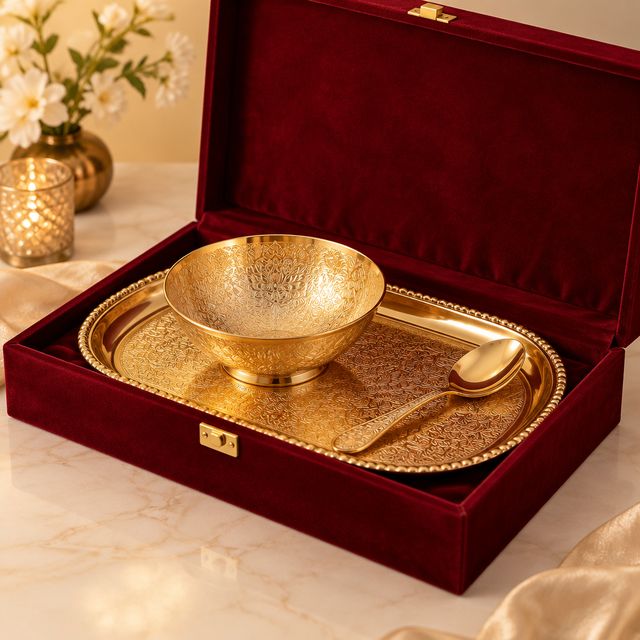 Gold-plated Bowl, Tray and Spoon Set in Velvet Box