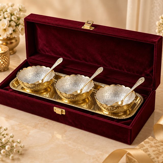 Gold-silver Three Bowl Tray Set in Velvet Case