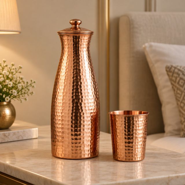 Hammered Copper Bedside Carafe with Glass