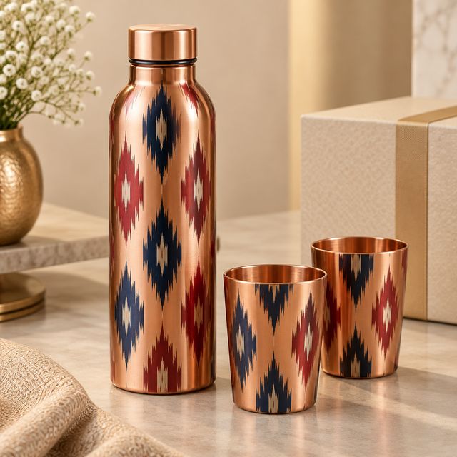 Ikat-print Copper Bottle and Glass Set