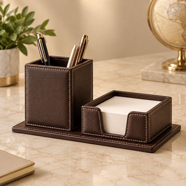 Leather Desk Set with Pen Pot and Memo Box