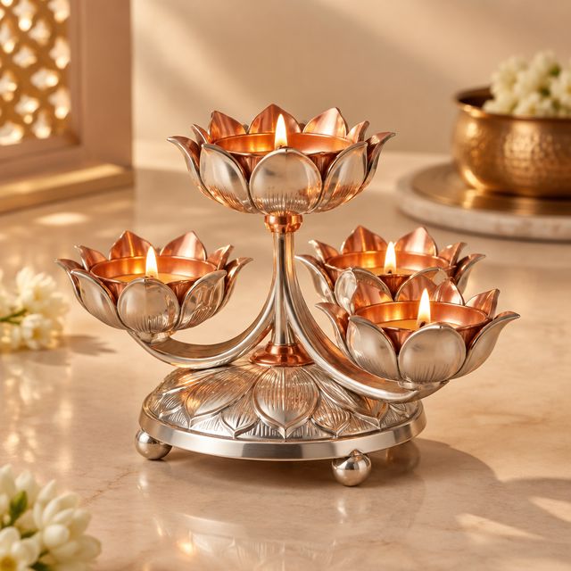 Lotus Silver and Copper Diya Stand