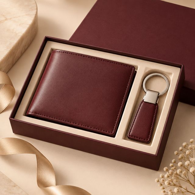 Maroon Leather Wallet Set with Keychain