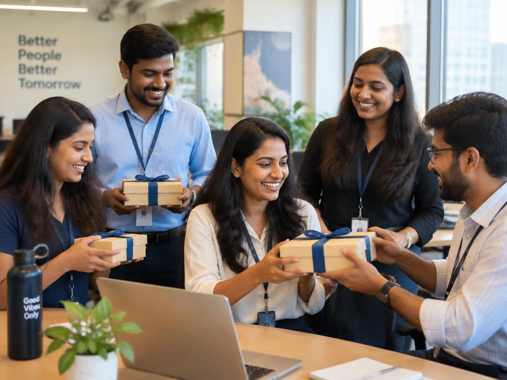 Employees receiving corporate gifts in a Mumbai office