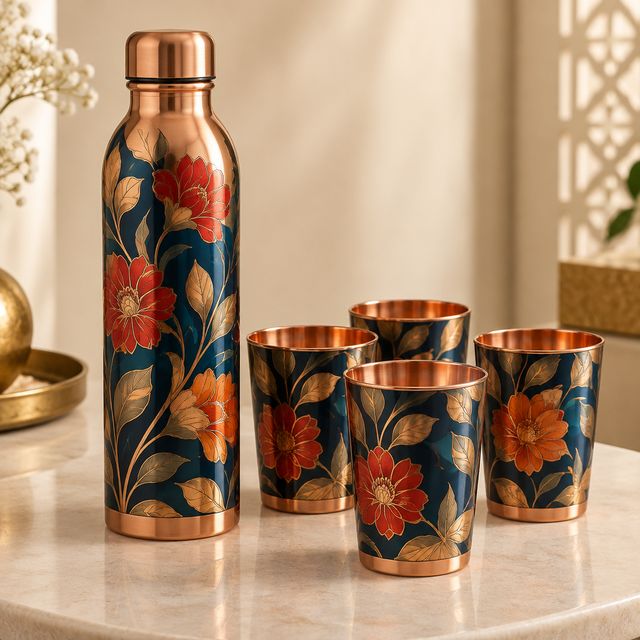 Painted Copper Bottle with Four Glasses