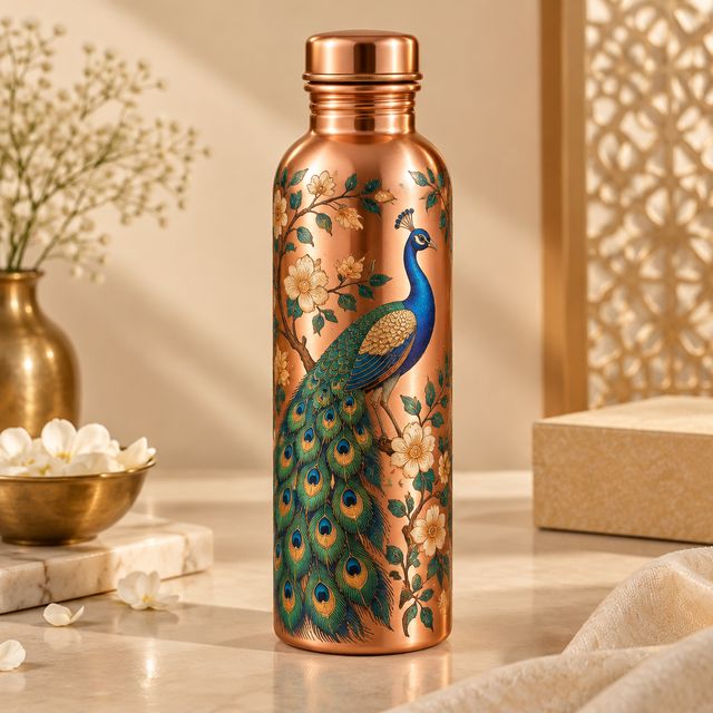 Peacock Painted Copper Bottle