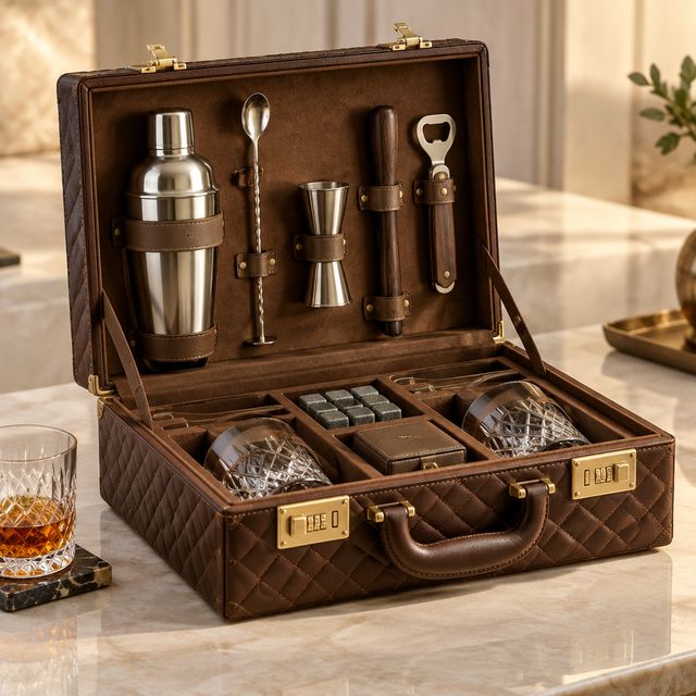 Quilted Leather Bar Set Briefcase