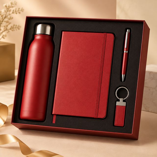 Red Bottle, Notebook, Pen and Keychain Kit