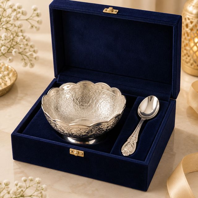 Silver-plated Bowl and Spoon in Velvet Box