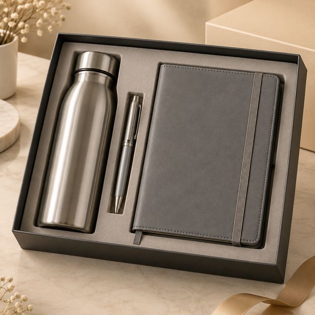 Steel Bottle, Pen and Grey Diary Kit