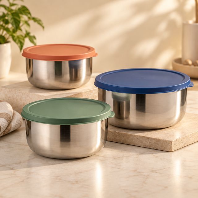 Steel Bowl Set with Coloured Lids
