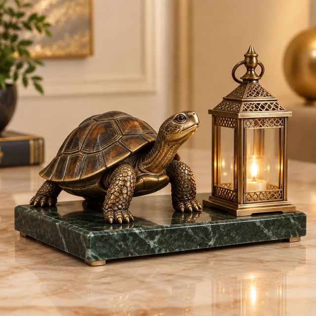 Tortoise Figurine and Lantern Desk Set