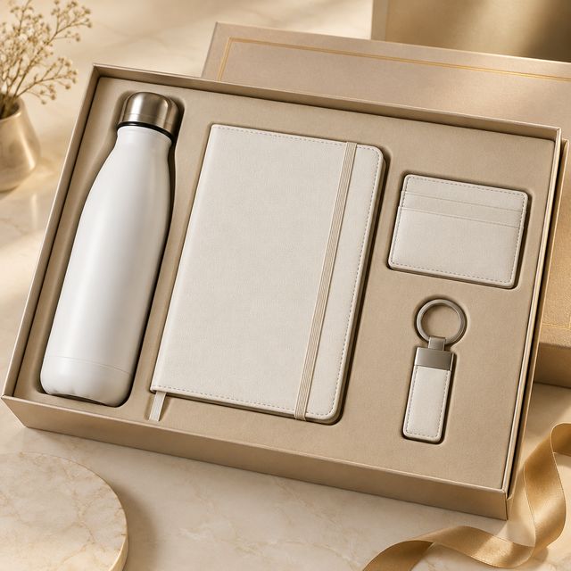 White Bottle, Notebook, Card Holder and Keychain Set