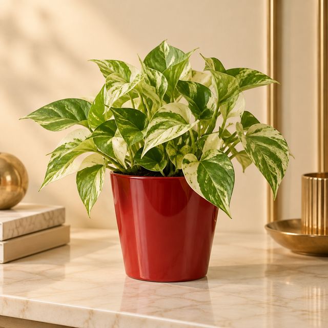 White Pothos in Red Metal Pot