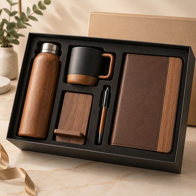 Wood-accent 6-in-1 Bottle, Mug, Stand and Diary Set